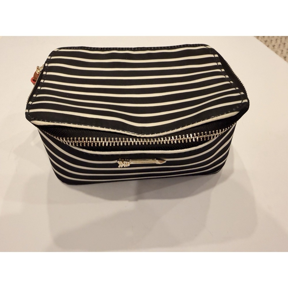 Stella & Dot Striped Travel Jewelry Case Black White Zip‎ Organizer Box